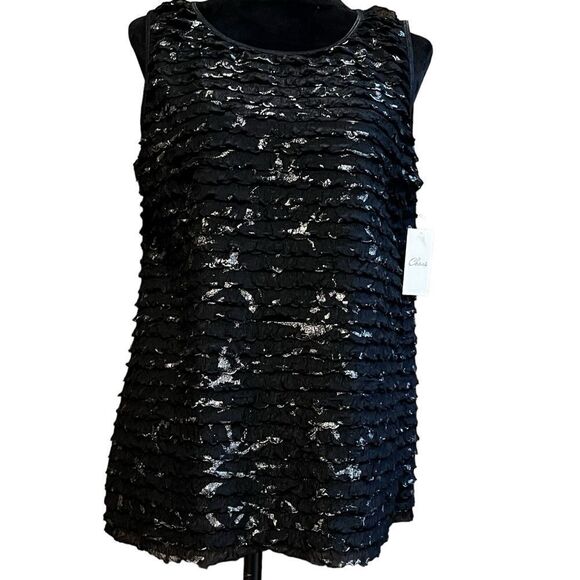 Chais black and metallic gold ruffle tier tank tropical escape size L large NWT - Picture 3 of 16